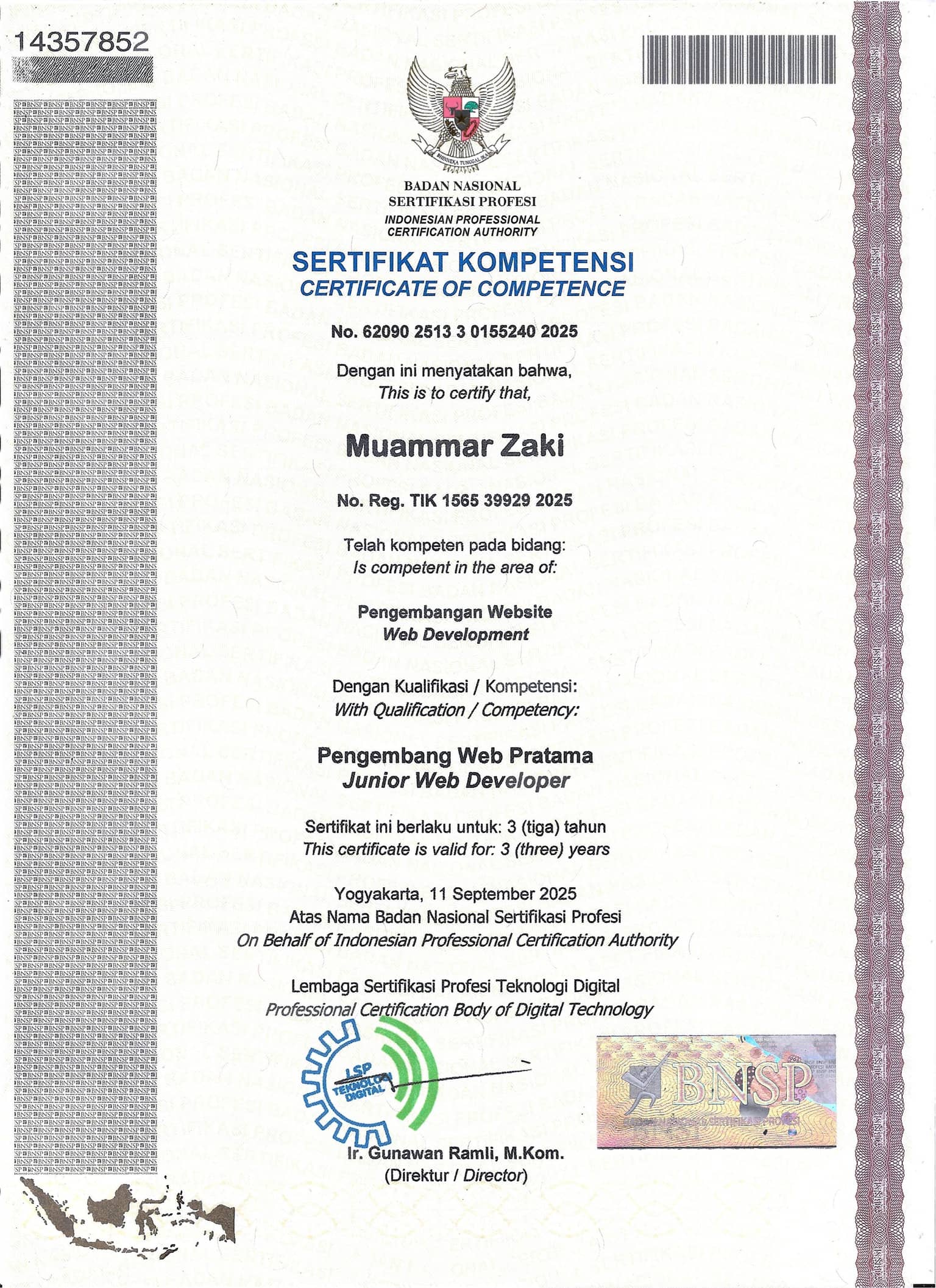 BNSP Junior Web Developer certificate page 1